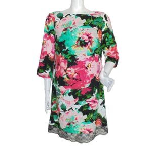 NICOLE MILLER Dress, 10, Floral print, Lace hem, Wider neck, Mid length sleeves